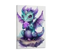 Cute Purple Dragon Fantasy Anime Cartoon Poster Paintings Wall Decor Canvas Wall Art for Living Room Bedroom Home Decor for Mens Women Framed Unframed 08x12inch(20x30cm)