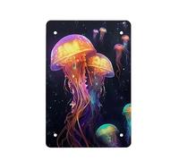 Cute Purple Yellow Jellyfish Print Cool Animal Metal Tin Poster Wall Art Prints Cute Colorful Graffiti Animals Pictures Wall Decor for Cafe Bar Home Decorations