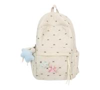 Cute Quilted Backpack Nylon Padded Embroidery Book Bag with Pendant (White)