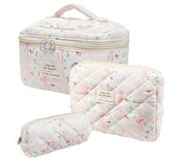 Cute Quilted Makeup Bag,Large Capacity Travel Cosmetic Bag for Women and Girls,Aesthetic Storage,Suitable for Daily and Travel Use, Pink Bow, 3pcs-overbowfloral