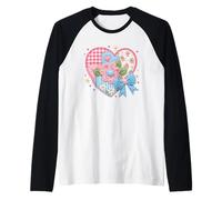 Cute Quilted Patchwork Heart Floral Bow Design Raglan Baseball Tee