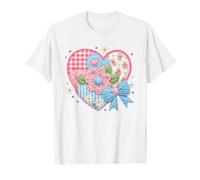 Cute Quilted Patchwork Heart Floral Bow Design T-Shirt