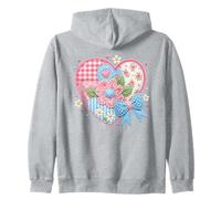 Cute Quilted Patchwork Heart Floral Bow Design Zip Hoodie