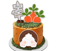 Cute Rabbit Cake Topper Easter Bunny Carrot House Decorations with Artificial Mushroom for Baby Shower Boys Girls Birthday Party Picnic Camping Party Supplies