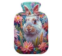 Cute Rabbit Colorful Flower Hot Water Bottles with Velvet Cover Warm Water Heat Bottles for Menstrual Cramps Pain Relief Medium