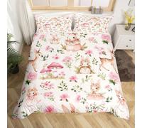 Cute Rabbit Duvet Cover Set King Size,Kawaii Mushroom Flowers Bedding Set 3pcs for Bedroom Decor,Girly Rustic Animals Kids Bedding,Beige Pink Quilt Cover with 2 Pillowcases,Not Comforter