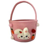 Cute Rabbit Easter Basket with Handle, Soft Durable Woven Cotton Basket, Bunny Themed Egg Hunt & Candy Storage Baskets, Lightweight Holiday Decor & Seasonal Activity Accessory (Pink, S)