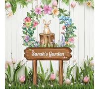 Cute Rabbit Metal Sign Custom with Stake,Personalized Flowers Gardener Name Signs Welcome Plaque for Outdoor,Floral Garden Marker Customized Housewarming Gift,Gardening Ornaments for Lawn Yard Farm