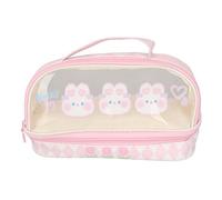 Cute Rabbit Pen Bag Double Layer Kawaii Pencil Case for Kids, Stationery Storage, Pink PU Cosmetic Bag 5.9 X 3.7 X 8.9in