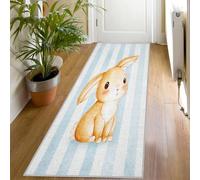 Cute Rabbit Print Runner Rug for Hallway, 60x200, Blue Striped Pattern Throw Rug Entrance Kids Decor Carpet, Washable Non-Slip Rugs Runners for Living Room Bedroom Gk662