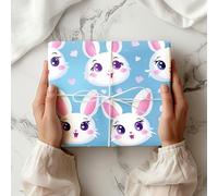 Cute Rabbit Wrapping Paper Sheet, Kawaii Bunnies on Blue with Pink Hearts, Ideal for Kids Birthdays, Baby Showers & Easter Gifts - W111 (Medium Sheet - 42 x 58cm / 15.7" x 22.8" inches)