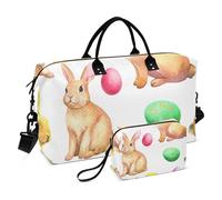 Cute Rabbits Easter Eggs White Travel Duffle Bags & Make up Pouch Set of 2, Flower Sports Gym Tote Weekend Bags Duffel