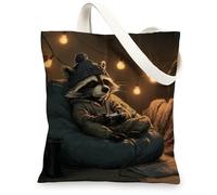 Cute Raccoon Canvas Tote Bag, Adorable Animal Cartoon Pattern Reusable Shopping Bag, Fun Cozy Lightweight Washable Shoulder, Multi, 13x15 Inch