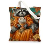 Cute Raccoon Canvas Tote Bag, Fun Animal Pumpkin Pattern Reusable Shopping Bags, Lightweight Washable Shoulder Strap Canvas Bags for Travel, Grocery, Beach 13x15 Inch