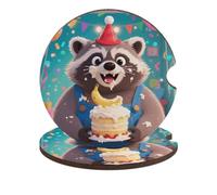 Cute Raccoon Car Cup Holder Coasters 2-Pack Absorbent Wood & Cork Coasters for Car Cup Holders, Festive Car Accessories for Women & Men