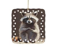 Cute Raccoon Ceramic Christmas Ornaments 3 Inch Double Sided Square Pendant Holiday Tree Hanging Decor for Home, Party, Hotel Decorations, Gift for Teacher, Neighbor, Friend