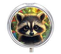 Cute Raccoon Cute Travel Pill Organizer Portable Small Round Medicine Case Box for Pocket Purse