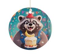 Cute Raccoon Double-Sided Ceramic Christmas Ornaments - Round Hanging Mini Xmas Tree Decorations, Ideas for Farmers, Rustic Home Decor for Indoor Outdoor Tree Decor