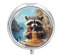 Cute Raccoon Eat Spaghetti Travel Pill Organizer Portable Pill Case Small Pill Box for Purse Pocket