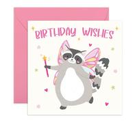 Cute Raccoon Fairy Birthday Card for Girls - Bday Wishes - Fun Presents for Kids, Friends, Daughter, Niece, Cousin, Animal Lovers, Bestie, BFF, Sister, Her - Sweet Greetings- Comes with Stickers