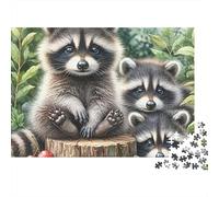 Cute Raccoon Family 1000 Piece Jigsaw Puzzles Raccoons on Tree Stump for Adults Educational Games Beautiful Decoration Difficult Challenging Birthday Gifts 70x50cm