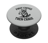 Cute Raccoon First Coffee Then Chaos Humor PopSockets Adhesive PopGrip