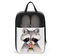 Cute Raccoon Flowers Shoe Bags for Travel Shoe Pouch Waterproof Large Shoes Storage Bag for Men Women, Travel Suitcase Shoe Organizer with Zipper & Mesh for Teens Sport