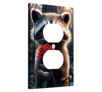 Cute Raccoon Light Switch Cover Plate, Adorable Brown Animal with Red Rose Design, Decorative Wall Accents for Kids Room, Thermoplastic, Standard Size Single Duplex Outlet