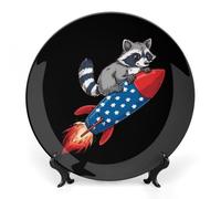 Cute Raccoon on Rocket U.S. Flag Printed Bone China Decorative Plate Ceramic Decorative Plate with Display Stand for Home Wall Decor