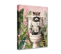Cute Raccoon on Toilet Canvas Wall Art Animal Read Newspaper Picture 1P Tropical Plant Posters Prints Cute Modern Artwork for Living Room Bedroom Home Decor Framed Gallery-Wrapped Ready to Hang