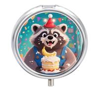 Cute Raccoon Pill Box - 3 Compartment Travel Pill Organizer with Small Mirror, Portable Pillcase for Pocket & Purse, Cute Round Medicine Case, Weekly Medicine Container