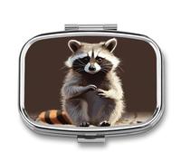 Cute Raccoon pilldispenser with Mirror 2 Compartments Waterproof PillCase for Purse Pocket Non-Slip Grip Travel Medicine Organizer Container Box for Vitamin Fish Oil Supplement