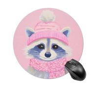 Cute Raccoon Pink Scarf Christmas Hat Mousepad Round Computer Mousepad Waterproof Gaming Mousepads with Non-Slip Rubber Base Mousepads Mousemat for Laptop Office 20 CM