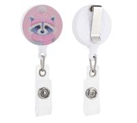 Cute Raccoon Pink Scarf Christmas Hat Retractable Badge Holder Reel Clip ID Card Holder for Doctor Nurse Student Office Worker