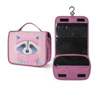 Cute Raccoon Pink Scarf Christmas Hat Travel Toiletry Bag for Women,Hanging Makeup Organizer with Hook for Shampoo