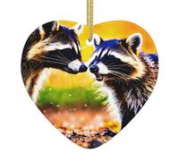 Cute Raccoon Print Doublesided Decor Heart-Shaped Ceramic Christmas Ornament Xmas Party Ornaments