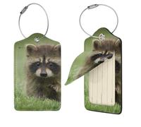 Cute Raccoon Print Luggage Tag Leather with Stainless Steel Loop Privacy Cover Name ID Labels for Women Men