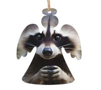 Cute Raccoon Printed Wooden Christmas Ornaments - 4 Shapes Options: Angel, Bell, Tree, Snowman | Eco-Friendly Carved Wood for Xmas Tree Decor with Hemp Cord | 1,2,4,6-Pack