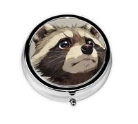 (Cute Raccoon) Round Pill Box with 3 Compartments Small Portable Pill Organizer for Travel
