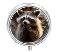 Cute Raccoon Travel Pill Box Case 3 Compartment Cute Pill Organizer Metal Pill Holder with Mirror Small Medicine Organizer Daily Pill Container for Purse Pocket Portable Meds Box