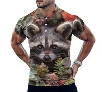 Cute Raccoon With Succulents Flower Mens Polo Shirts Short Sleeve Golf Shirt Casual T-Shirt Top for Work Athletic M
