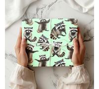 Cute Raccoon Wrapping Paper - Playful Woodland Animal Gift Wrap Sheet with Watercolour Style Raccoons - Birthday or Kids Gift Wrap - W68 (Mint, Medium Sheet - 42 x 58cm / 15.7" x 22.8" inches)