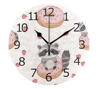 Cute Raccoons Donut Strawberry Wall Clocks Clocks Battery Operated Non-Ticking Wall Clock For Classroom Bathroom Indoor 25Cm