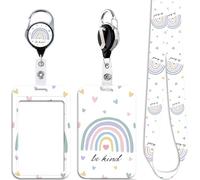 Cute Rainbow Card Holder Lanyard for ID Badge Keys Be Kind Retractable Badge Reel Clip for Work & School Love Heart Keychain Lanyard ID Holder for Women Girls Kids Nurses Teachers(White)