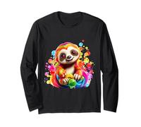 Cute Rainbow Sloth Colorful Bubbles Whimsical Animal Design Long Sleeve T-Shirt