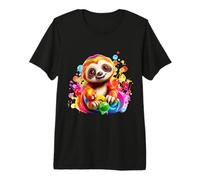 Cute Rainbow Sloth Colorful Bubbles Whimsical Animal Design Premium T-Shirt