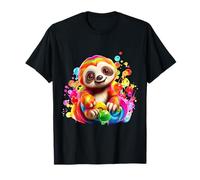 Cute Rainbow Sloth Colorful Bubbles Whimsical Animal Design T-Shirt
