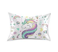 Cute Rainbow Unicorn Satin Pillowcase for Hair and Skin Soft Anti Wrinkle Envelope Closure Stain Pillow Cover, Queen Size 20x30in, 1pcs