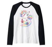 Cute Rainbow Unicorn Skateboard Dabbing Skateboarding Raglan Baseball Tee