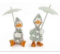 Cute Rainy Day Duck With Umbrella - Set Of 2 Decorative Ornaments - Duck Egg Blue/Green/White - 17 cm approx